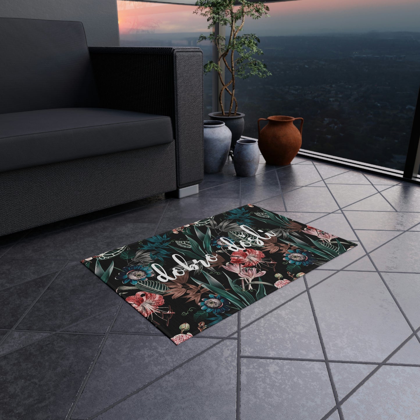 Outdoor/Indoor Rug - Dark Floral - Welcome / Dobro Došli Latinica