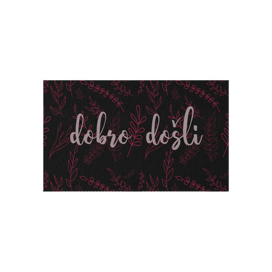 Outdoor/Indoor Rug - Black with Modern Mauve Graphic Leaves - Welcome / Dobro Došli Latinica